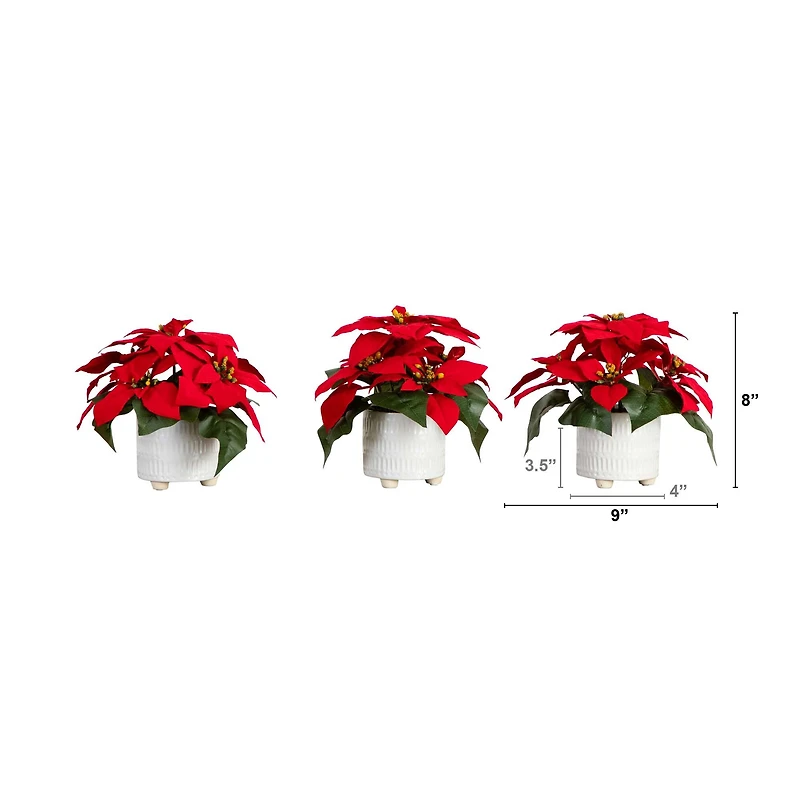 9" Artificial Poinsettia Arrangements in White Ceramic Pots, 3ct.