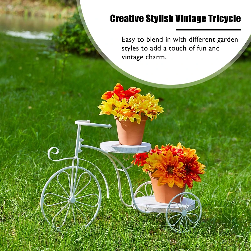 Glitzhome® 24" White Metal Tricycle Planter Stand with Solid Wood Tray