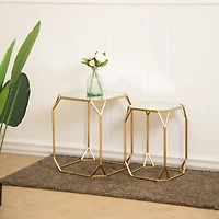 Glitzhome® Gold Metal Square Accent Table with Glass Top Set
