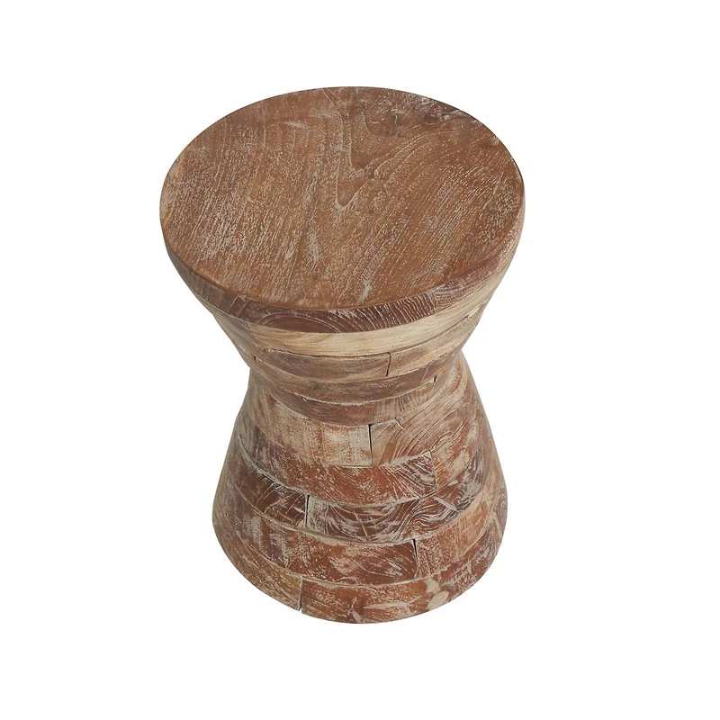 18.5" Brown Teak Wood Handmade Hourglass Accent Table with Stacked Wood Pieces
