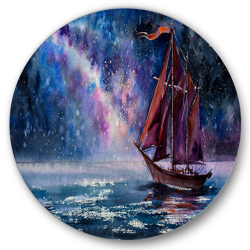 Designart - Wooden Sailboat With Red Sails & Bright Night Sky