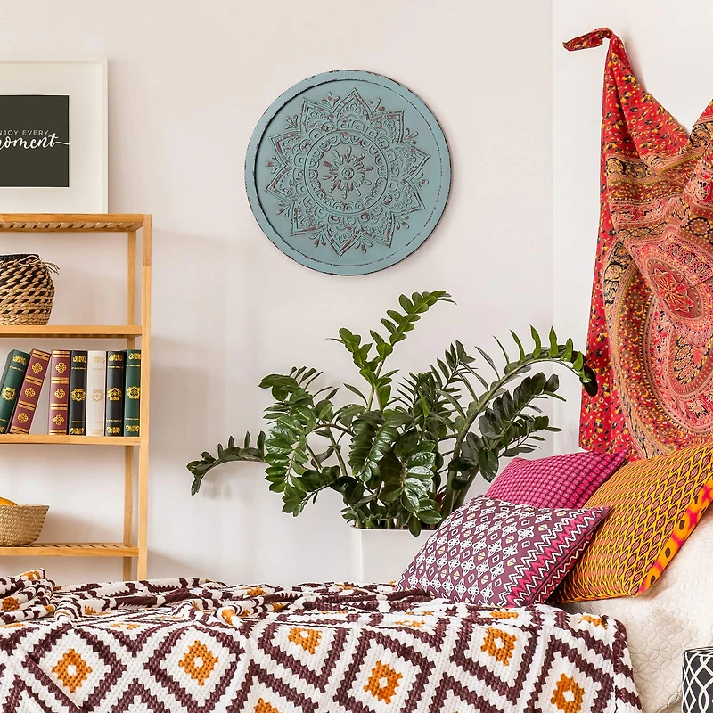 American Art Decor™ 17" Distressed Turquoise Boho Rustic Farmhouse Wood Framed Wall Medallion