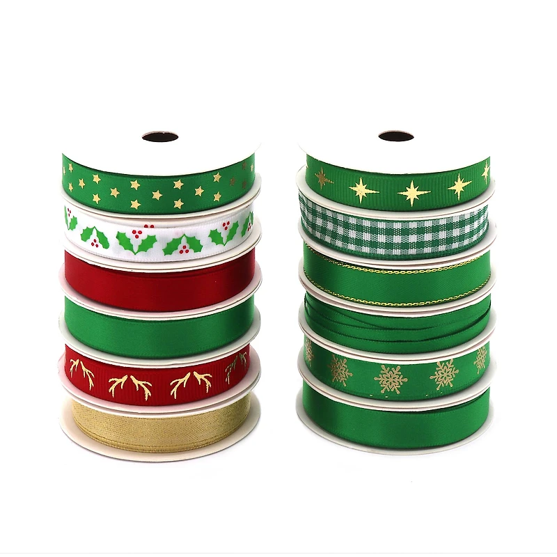 Gwen Studios 3/8" x 48yd. Green & Red Christmas Ribbon For Gifts & Crafts, 24ct.
