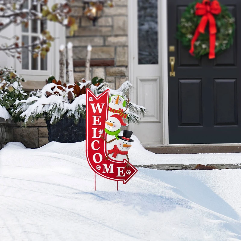 Glitzhome® 35.75" Metal Christmas Snowmen Arrow Welcome Yard Stake