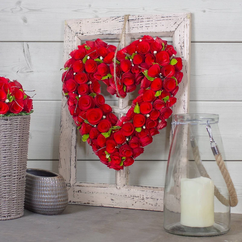 Red Wooden Rose Floral Heart Shaped Artificial Valentine's Day Wreath 14"