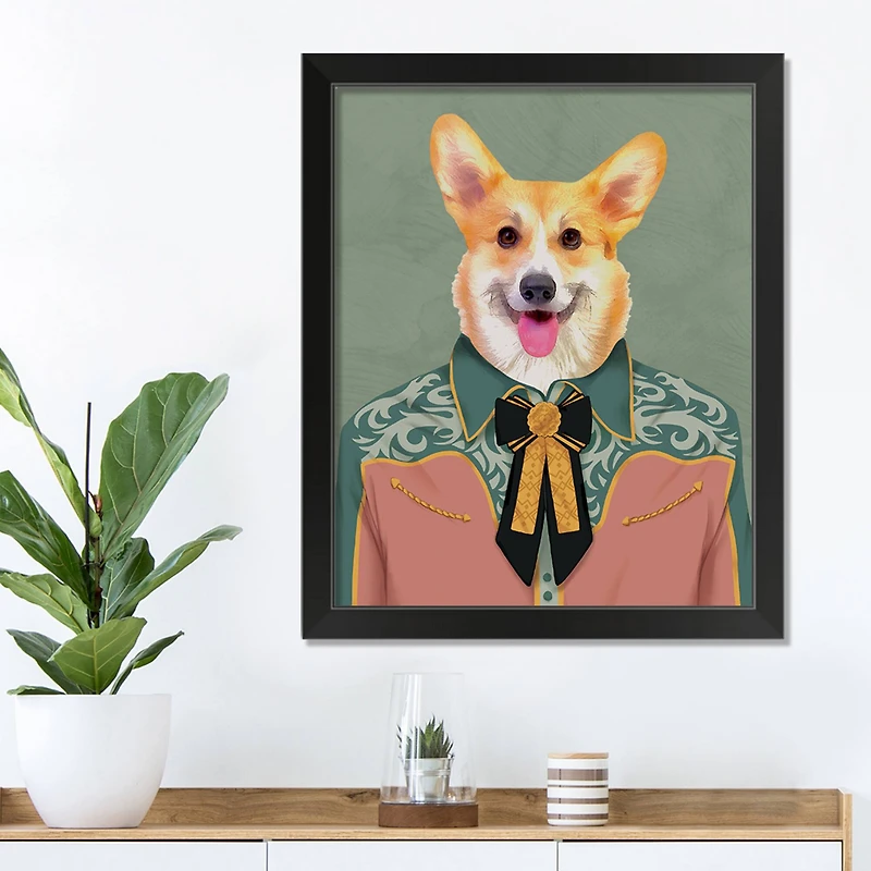 Dressed Corgi 1 11" x 14" Black Framed Print Under Plexiglass