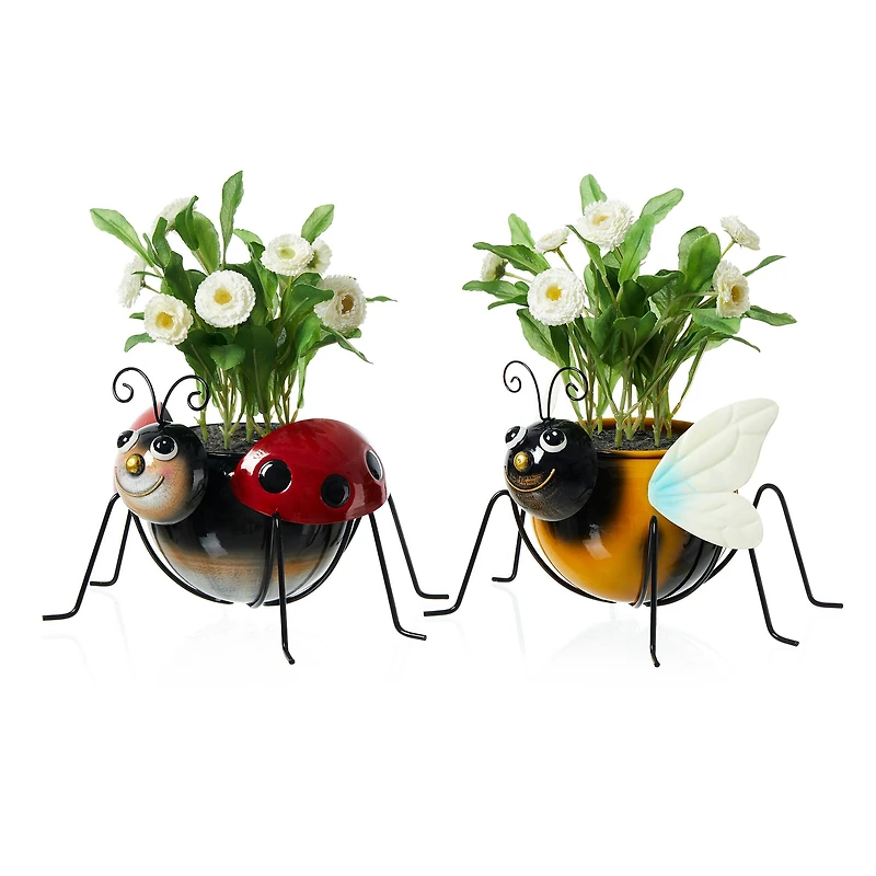 Glitzhome® 10" Bee & Ladybug Metal Statue Planter Set