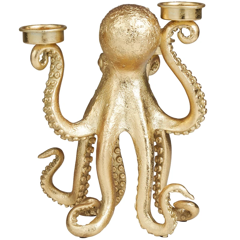 9" Gold Polystone Textured Octopus Candelabra with Tentacle Candle Slots