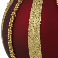 2ct. 4" Burgundy and Gold Striped Beaded Christmas Glass Ball Ornaments