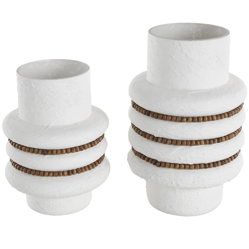 White Glass Textured Decorative Vase with Brown Wood Beaded Stripes Set