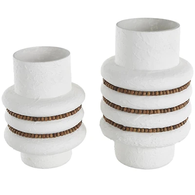 White Glass Textured Decorative Vase with Brown Wood Beaded Stripes Set