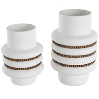 White Glass Textured Decorative Vase with Brown Wood Beaded Stripes Set