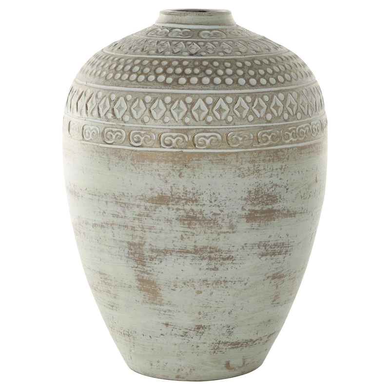 15.25" Green Ceramic Handmade Antique Style Decorative Vase with Geometric Tribal Carvings
