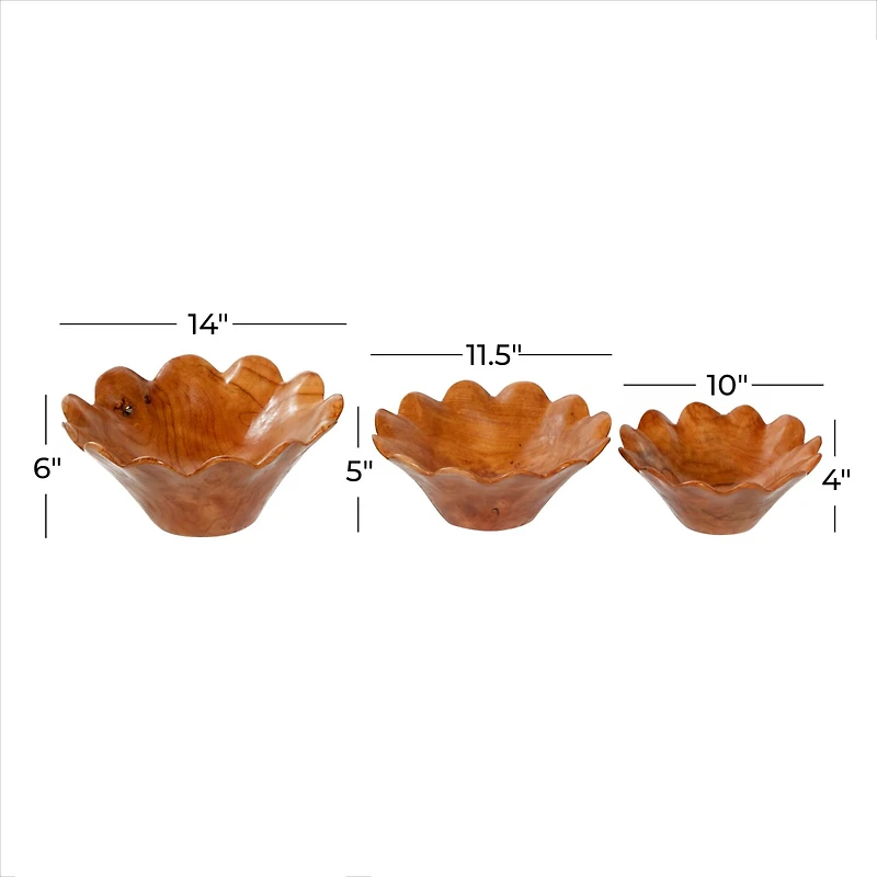 Natural Brown Flower Teak Wood Bowl Set