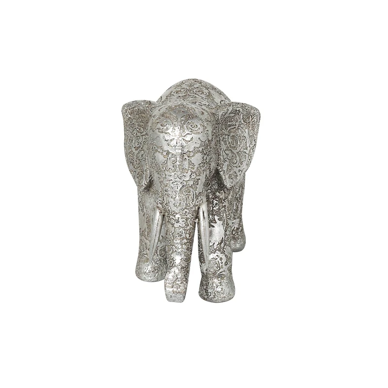 7" Silver Elephant Engraved Floral Sculpture