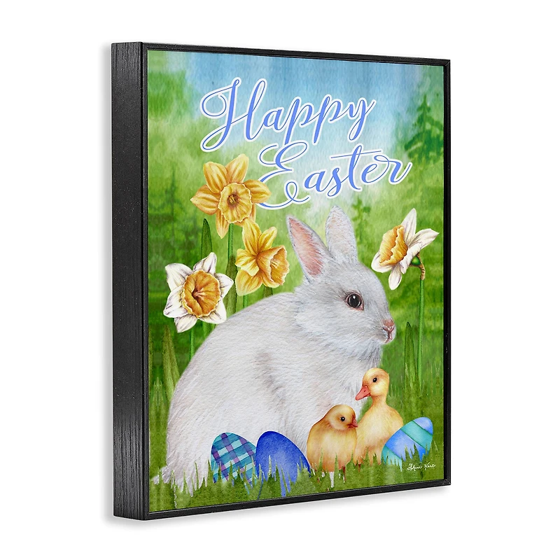 Stupell Industries Happy Easter Spring Bunny Rabbit Phrase Baby Chicks Framed Giclee Art