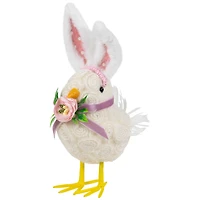 8.75" Floral Easter Chick Accent with Polka Dot Faux Fur Rabbit Ears 