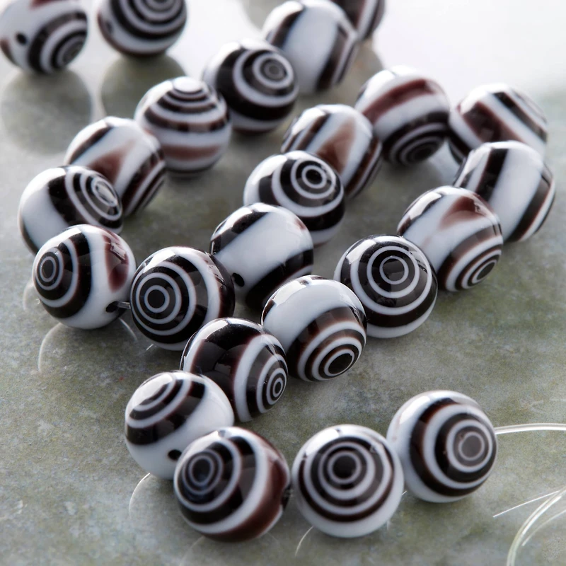 12 Pack: Black & White Eye-Dot Glass Round Beads, 10mm by Bead Landing™