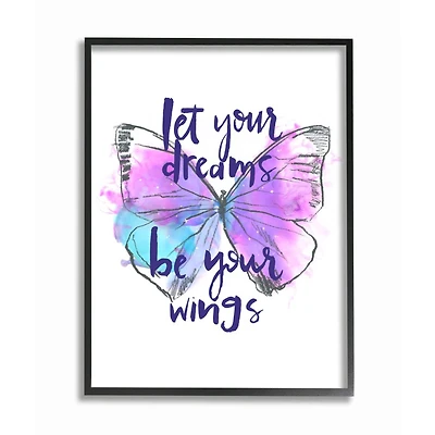 Stupell Industries Dreams Quote Purple Blue Butterfly Inspirational Sketch in Frame Wall Art