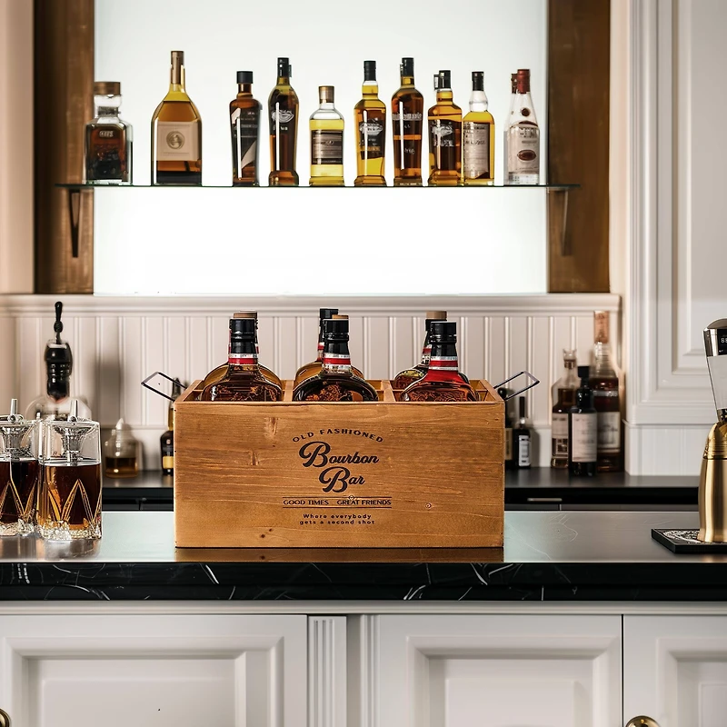 American Art Decor The Bourbon Bar Wood Crate Bottle Holder with Metal Handles - 7" x 14" x 8"
