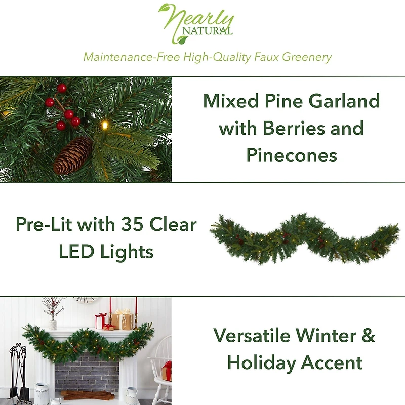 6ft. Pre-Lit Clear LED Mixed Pine, Berry & Pinecone Artificial Christmas Garland