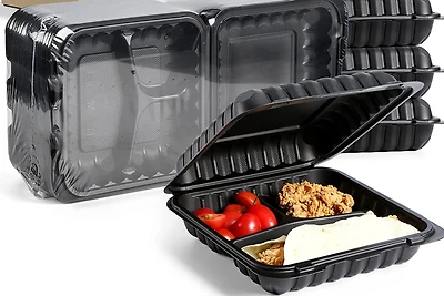 9" Black 3-Compartment Clamshell Take Out Containers, 150ct.