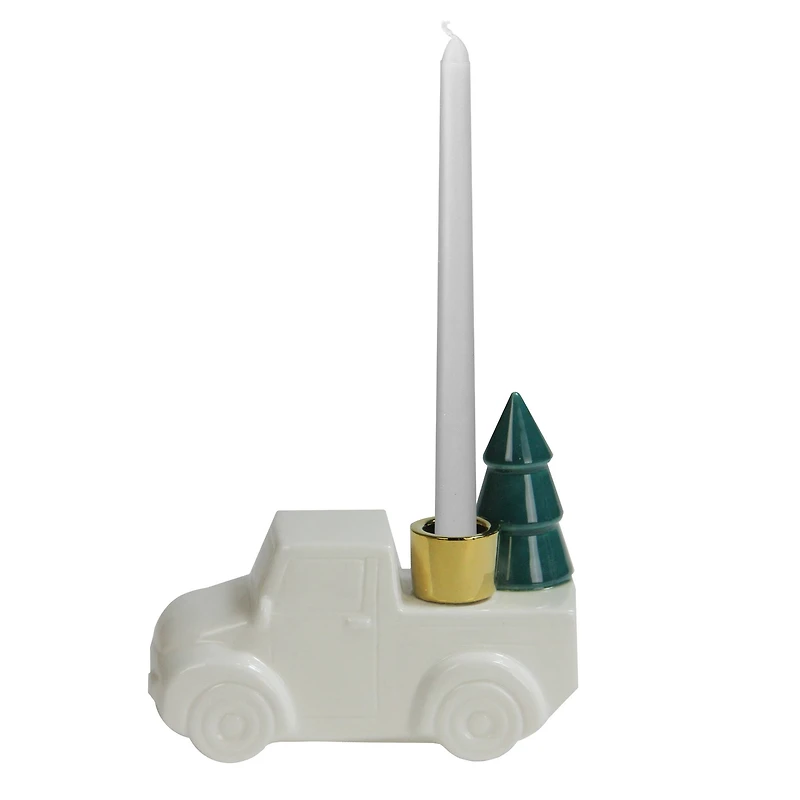 5" White Ceramic Truck with Christmas Tree Taper Candlestick Holder
