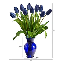 22" Blue Dutch Tulip Arrangement in Blue Vase