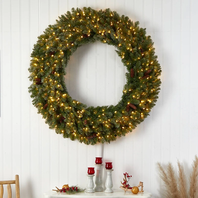 5ft. Clear LED Lights Flocked Artificial Christmas Wreath With Pinecones