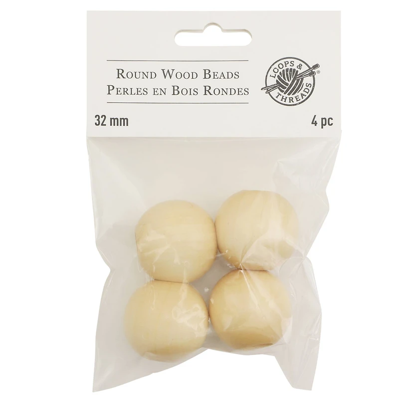12 Packs: 4 ct. (48 total) Natural Wood Round Beads 32mm by Loops & Threads®