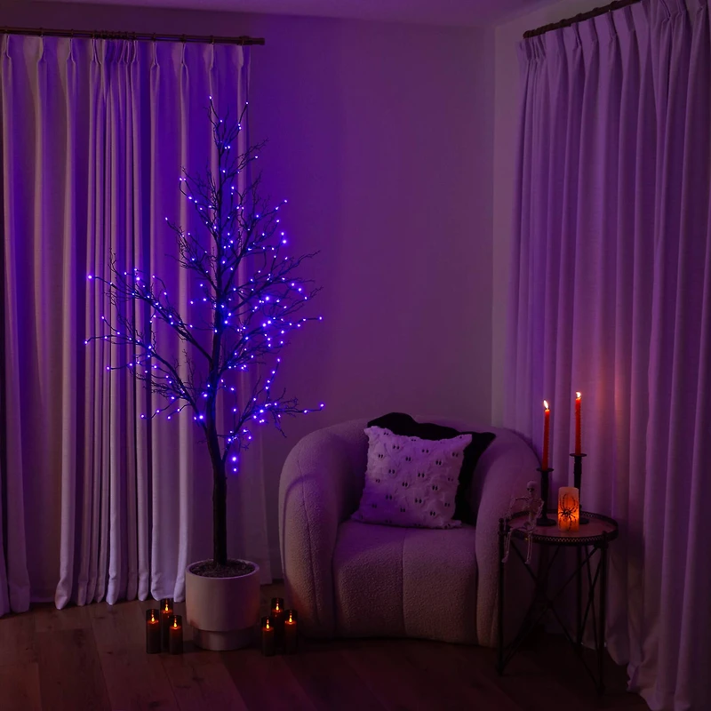 7ft. Pre-Lit Halloween Deluxe Black Twig Artificial Tree with 180 Orange & Purple LED Lights