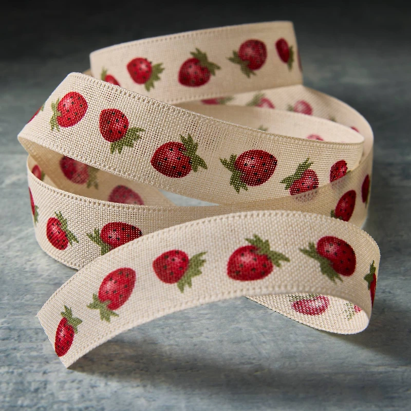 7/8" x 5yd. Faux Linen Red Strawberry Ribbon by Celebrate It® Classic