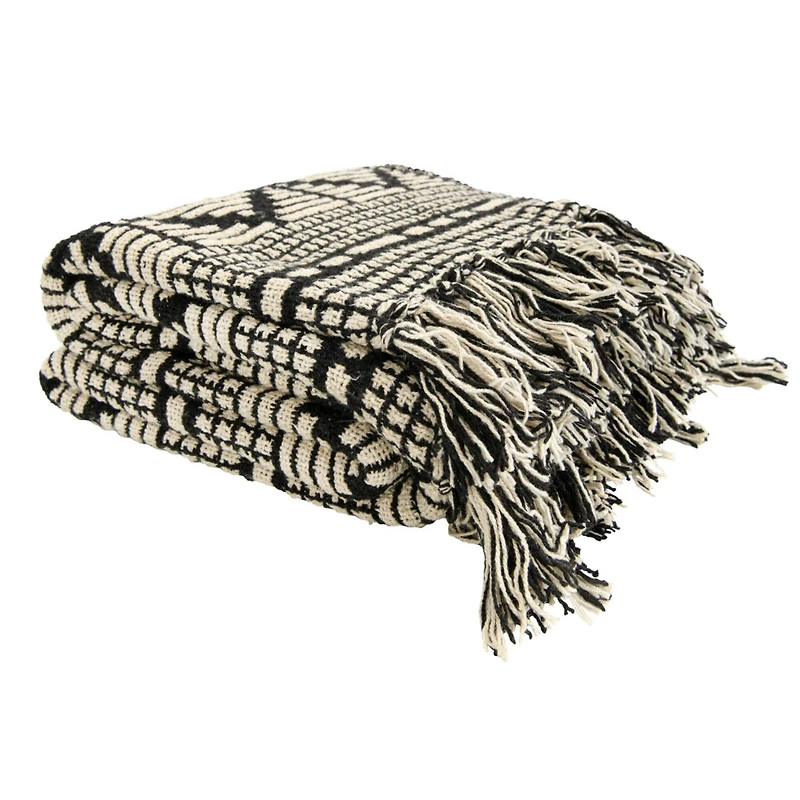 Hello Honey® Black & Beige Woven Cotton Blend Throw Blanket with Fringe