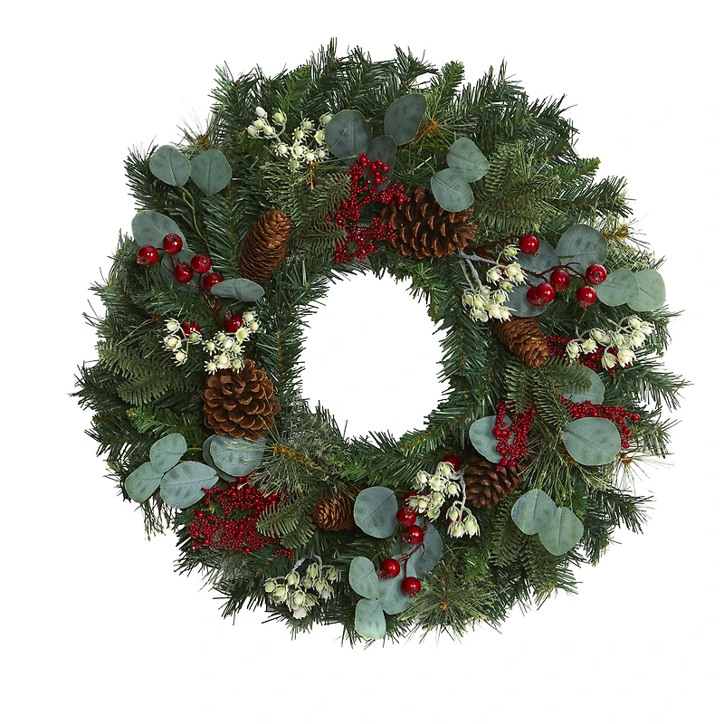 24" Eucalyptus & Pine Wreath with Berries and Pinecones