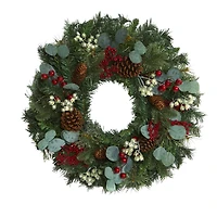 24" Eucalyptus & Pine Wreath with Berries and Pinecones