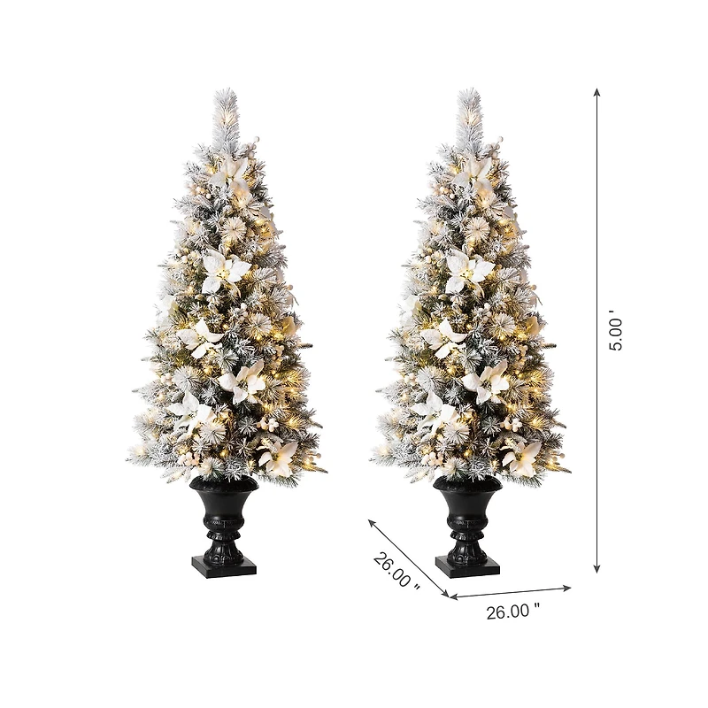 5ft. Pre-Lit Flocked Pine Artificial Christmas Tree in Planter Set, Warm White LED Lights