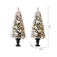 5ft. Pre-Lit Flocked Pine Artificial Christmas Tree in Planter Set, Warm White LED Lights