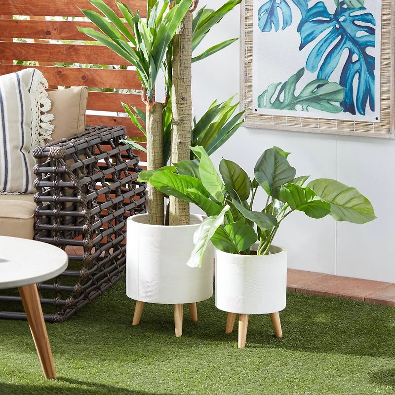 Set of 2 White Polystone Contemporary Planter, 13" 16"