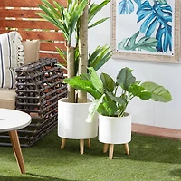 Set of 2 White Polystone Contemporary Planter, 13" 16"