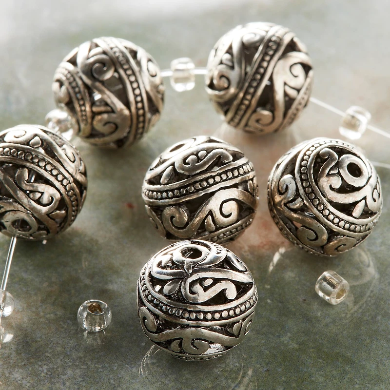 12 Pack:  Silver-Plated Carved Filigree Beads, 15mm by Bead Landing™