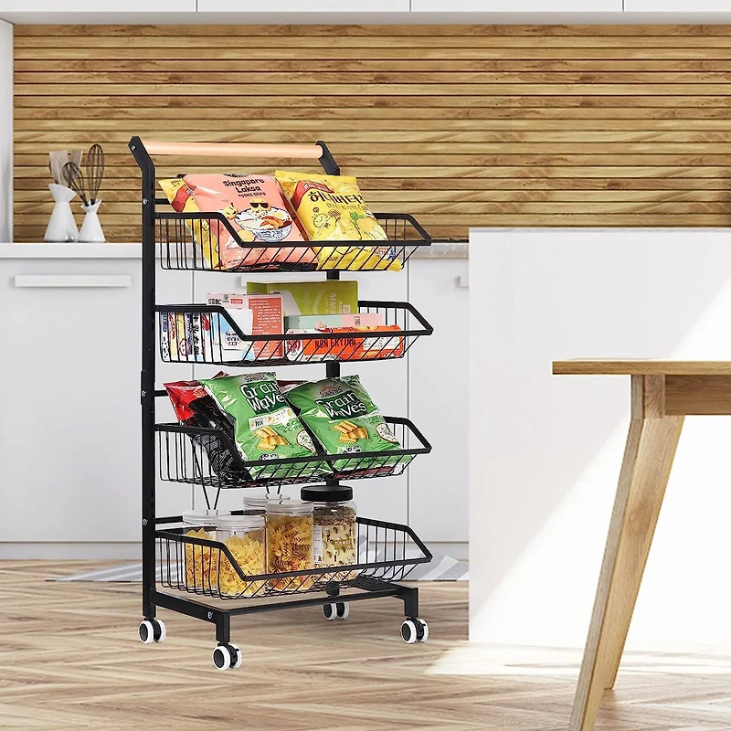 Black 4 Tier Fruit Vegetable Storage Basket Rolling Cart