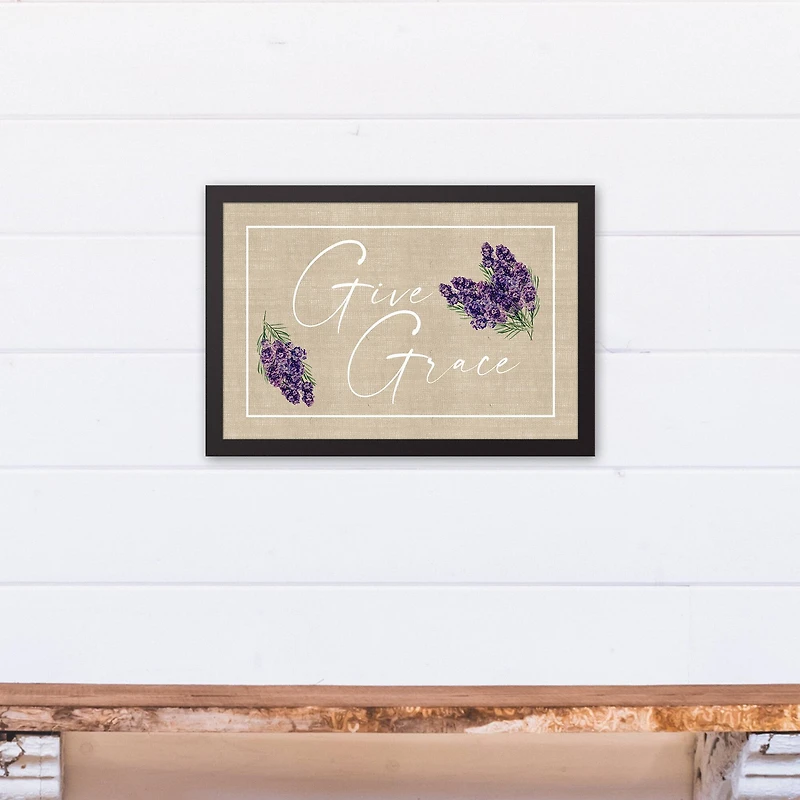 Give Grace Lavendar On Burlap 12" x 18" Black Floating Framed Canvas
