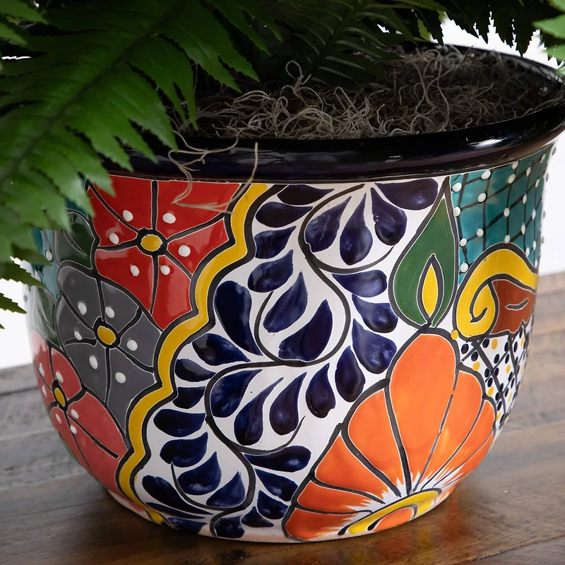 3.5ft Artificial Double Boston Fern in Handmade Mexican Talavera Ceramic Planter