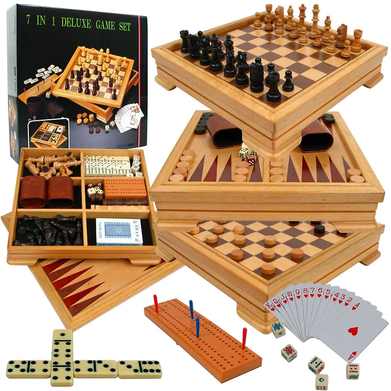 Toy Time 7-in-1 Deluxe Wood Board Game Set