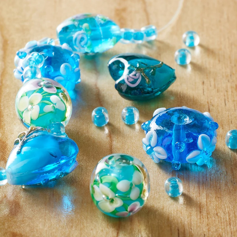12 Pack: Aqua Heart & Flower Lampwork Glass Beads by Bead Landing™