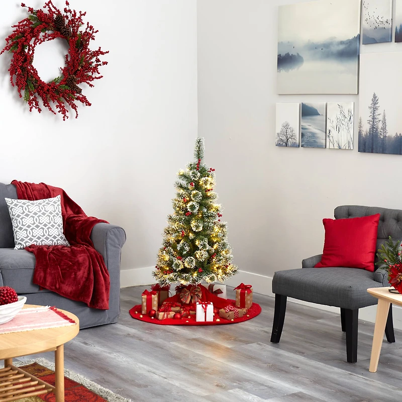 4ft. Pre-Lit Frosted Swiss Pine Artificial Christmas Tree with Berries, Clear LED Lights