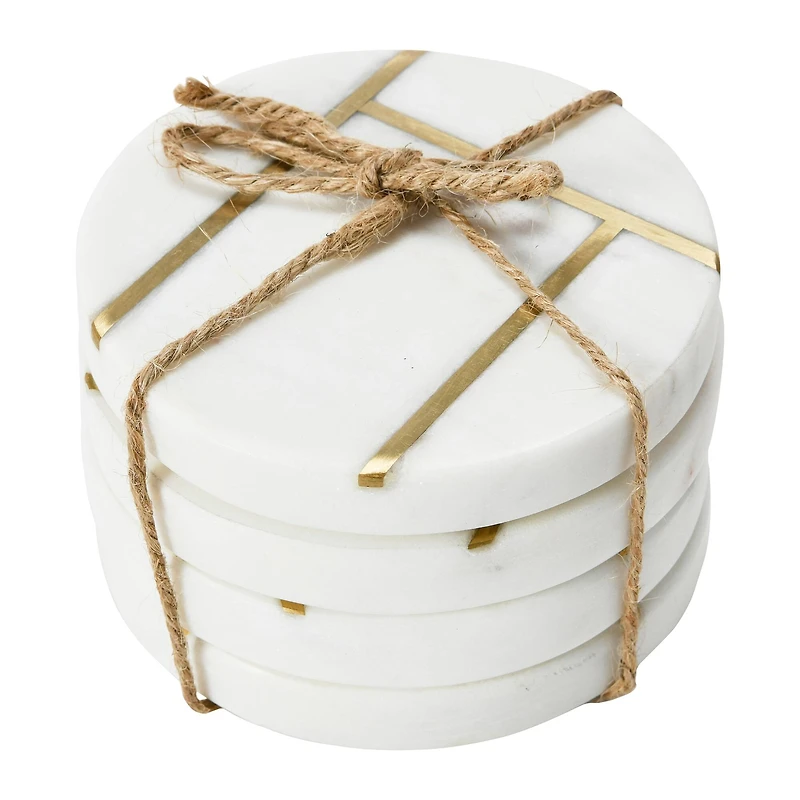Hello Honey® White Round Marble Coaster Set with Brass Inlay