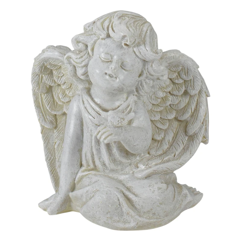 6.5" Ivory Sitting Cherub Angel with Bird Outdoor Statue
