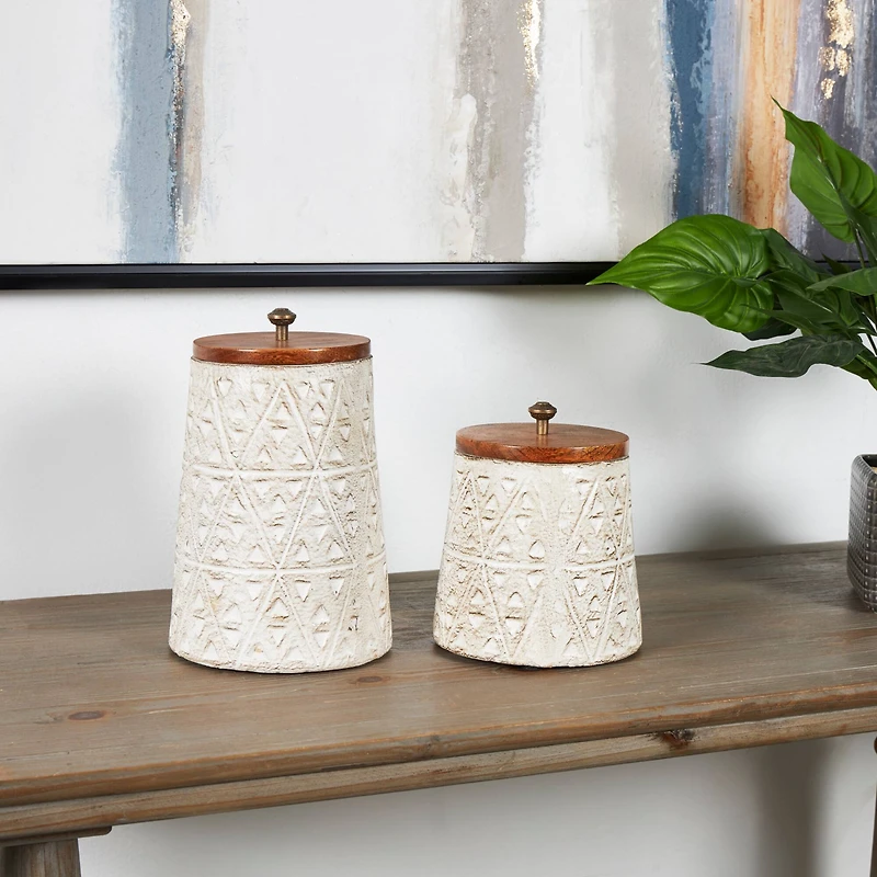 Cream Paper Mache Handmade Carved Triangle Tribal Canisters with Removable Lids Set