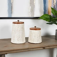 Cream Paper Mache Handmade Carved Triangle Tribal Canisters with Removable Lids Set
